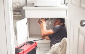 a man in a polo with a red tool box under a bathroom faucet