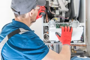 furnace repair man in red gloves