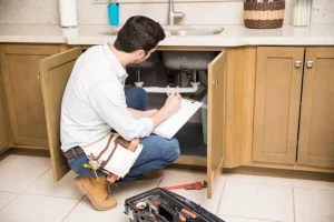 man inspecting under the kitchen sink with clipboard