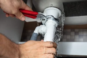 man using red wrench on pipes that are overflowing with water under counter